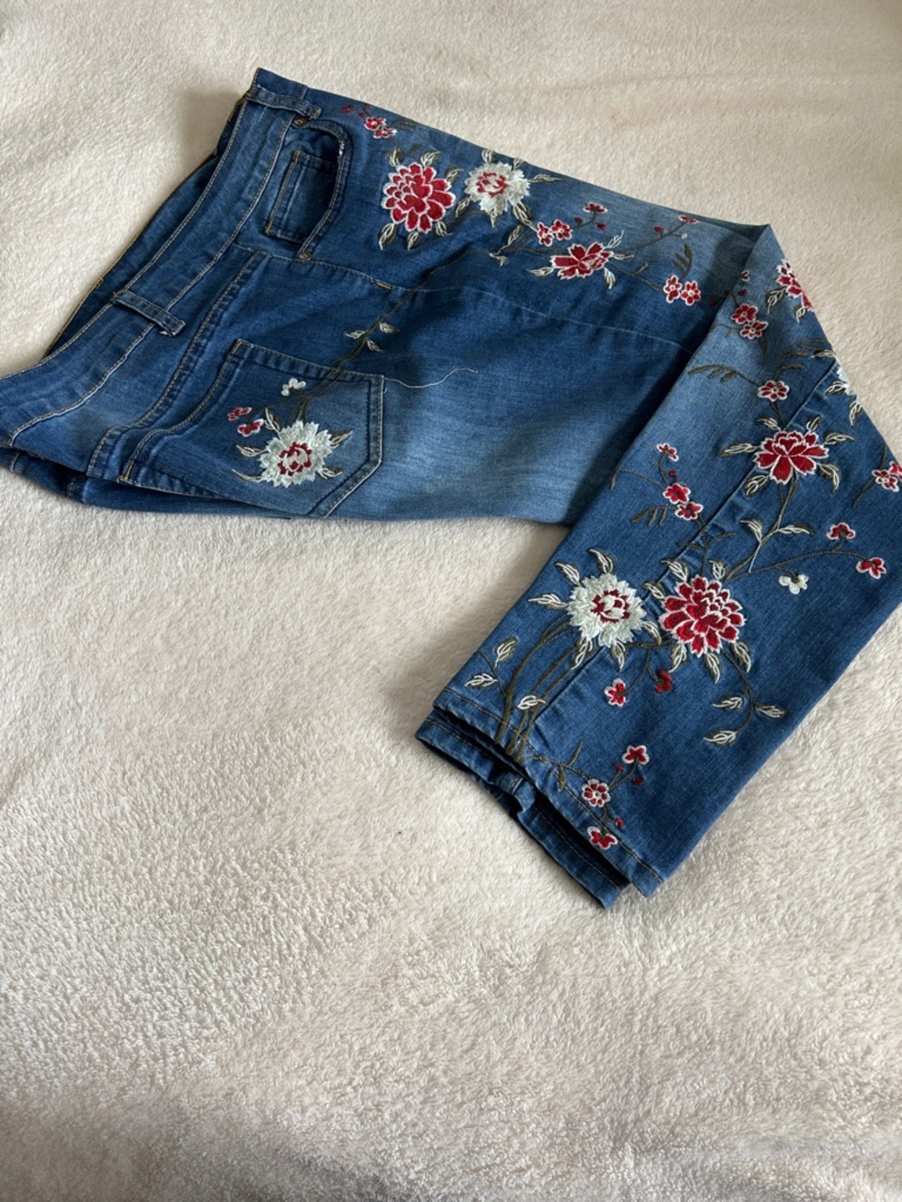 Women's Blue Skinny Jeans with Red & Cream Floral Embroidery